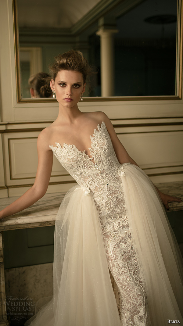 berta fall 2016 bridal strapless sweetheart neckline lace embroidered sheath wedding dress a  line ball gown over skirt 