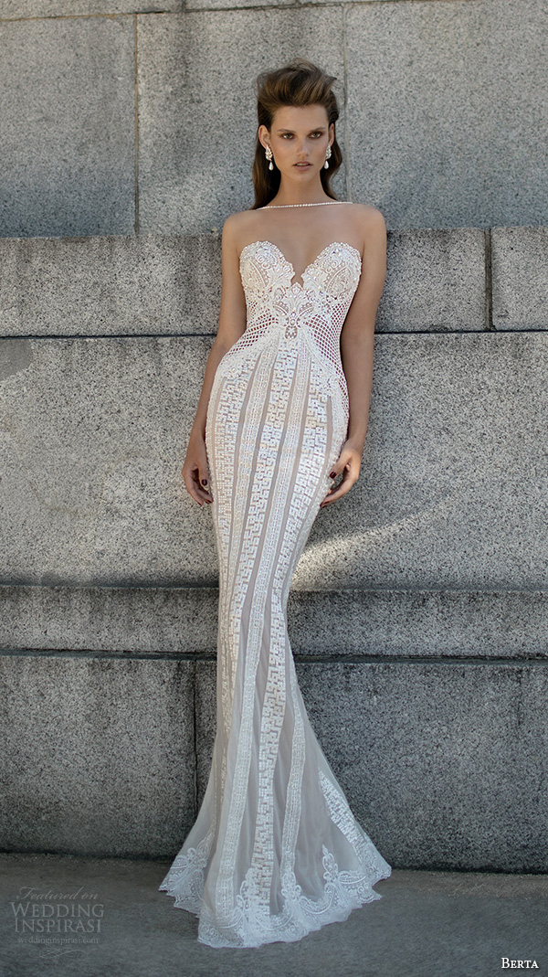 berta fall 2016 bridal sweetheart neckline cut vertical lace pattern sheath wedding dress