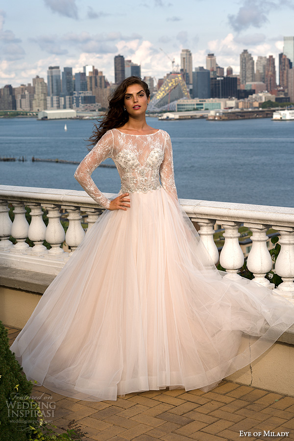 eve of milady boutique fall 2015 long sleeves bateau neckline illusion sheer lace corset bodice tulle organza a  line ball gown wedding dress 1547