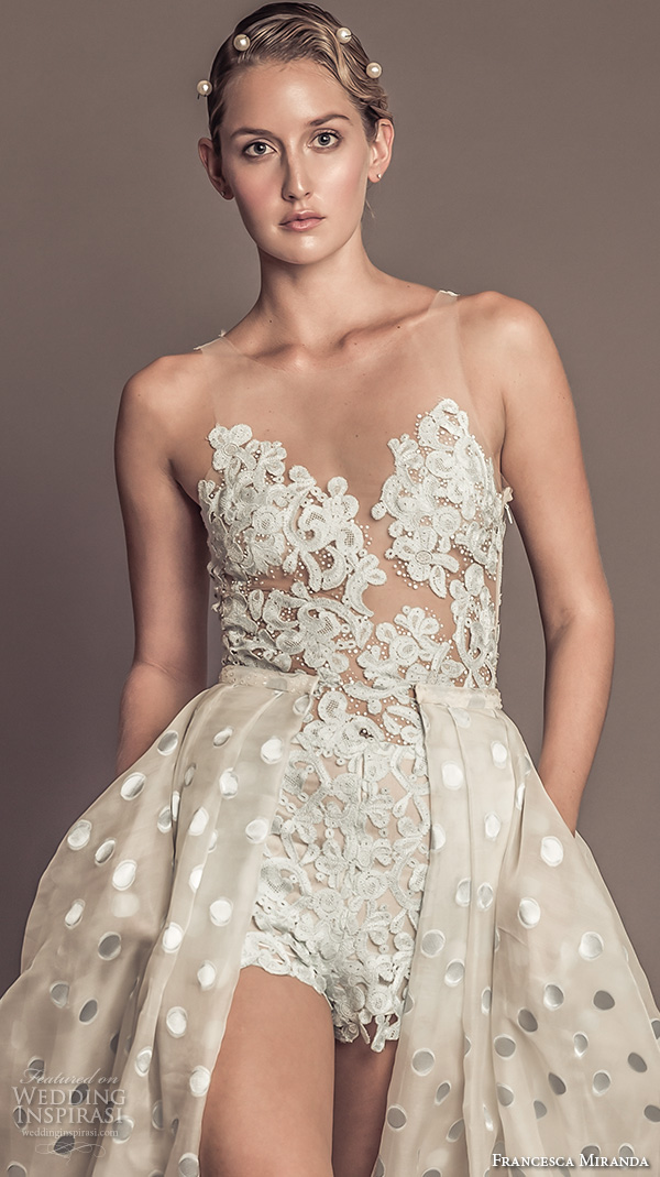 francesca miranda fall 2016 bridal gorgeous sleeveless jeweled sheer neckline lace embroidered bodice high waist short with a  line polka dots overskirt style penelope 