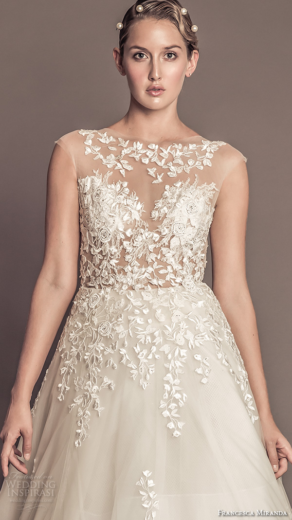francesca miranda fall 2016 bridal sleeveless bateau illusion lace neckline flora embroidered beautiful a  line wedding dress celeste 