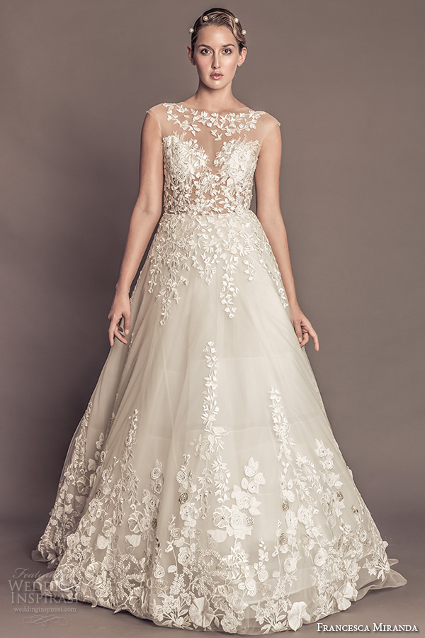 francesca miranda fall 2016 bridal sleeveless bateau illusion lace neckline flora embroidered beautiful a  line wedding dress celeste