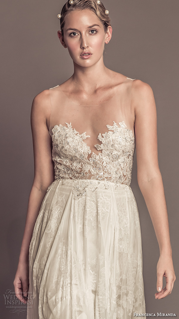 francesca miranda fall 2016 bridal sleeveless sheer jewel neckline sweetheart cutout lace embroidered bodice beautiful sheath wedding dress style pilar  