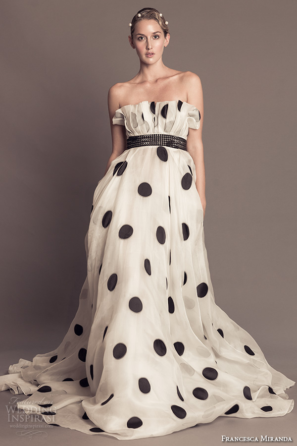 francesca miranda fall 2016 bridal strapless crumb catcher straight across neckline polka dots a  line wedding dress style alma