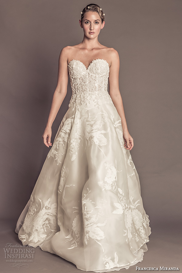 francesca miranda fall 2016 bridal strapless sweetheart neckline floral embroidered bustier bodice floral print beautiful a  line wedding dress with pockets style martina