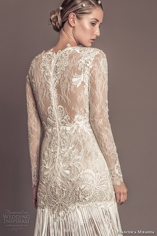 francesca miranda fall 2016 bridal stunning bateau neckline lace long sleeves lace embroidered bodice fringed sheath wedding dress style agata   