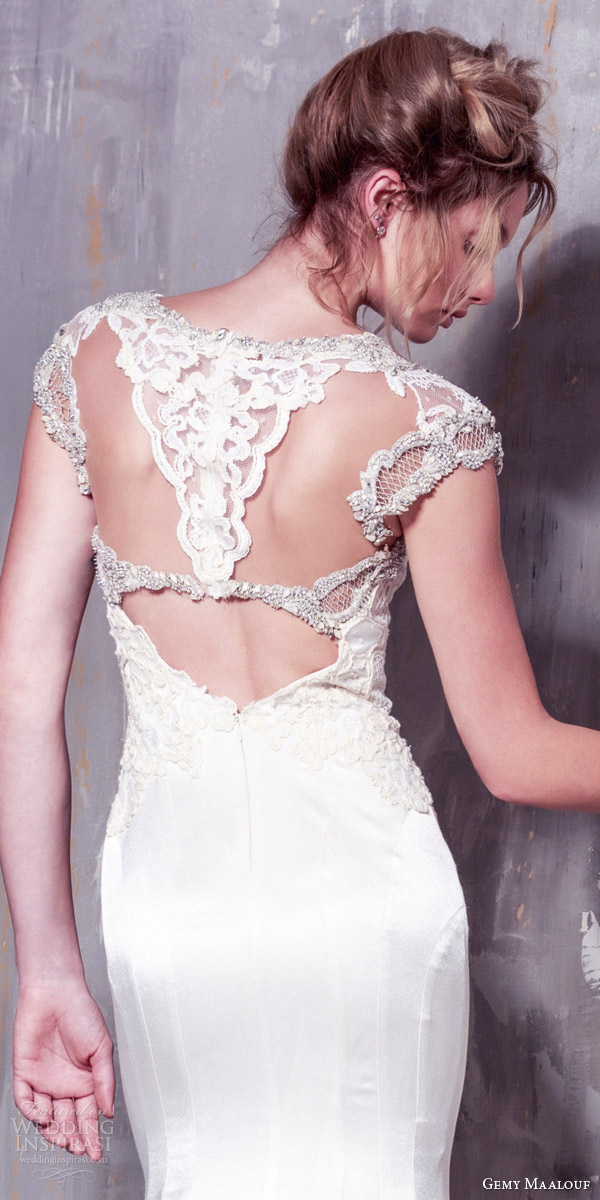 gemy maalouf bridal 2016 cap sleeve wedding dress unique embellishment illusion keyhole back close up