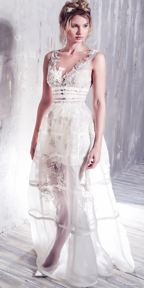gemy maalouf bridal 2016 romantic sleeveless wedding dress illusion jewel neckline lace bodice overskirt