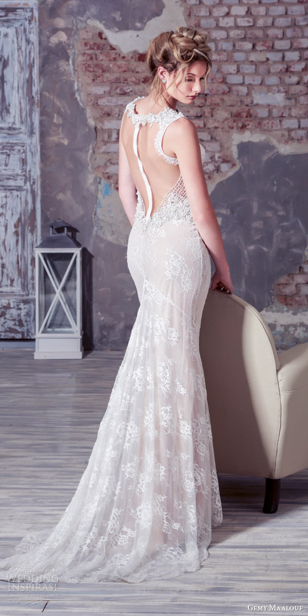 gemy maalouf bridal 2016 sleeveless sheath wedding dress illusion sexy back view