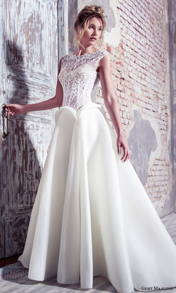 gemy maalouf bridal 2016 unconventional cap sleeve lace bodice ball gown wedding dress peplum