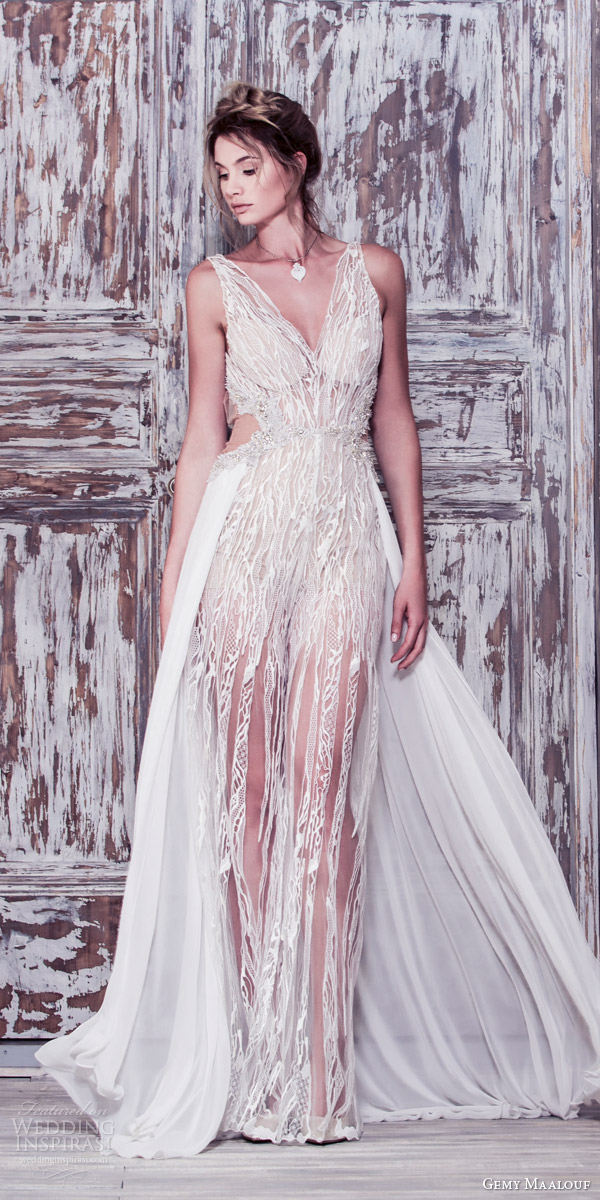 gemy maalouf bridal couture 2016 sleeveless sheer sheath wedding dress overskirt