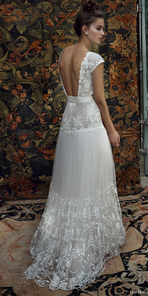 lihi hod bridal 2016 aria cap sleeve wedding dress lace embellished bodice skirt belt back view lihi hod bridal 2016 aria cap sleeve wedding dress lace embellished bodice skirt belt back view