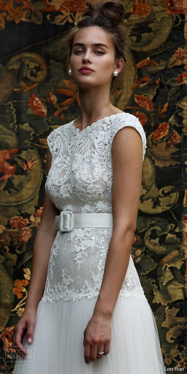 lihi hod bridal 2016 aria cap sleeve wedding dress lace embellished bodice skirt belt front view bodice embroidery zoom