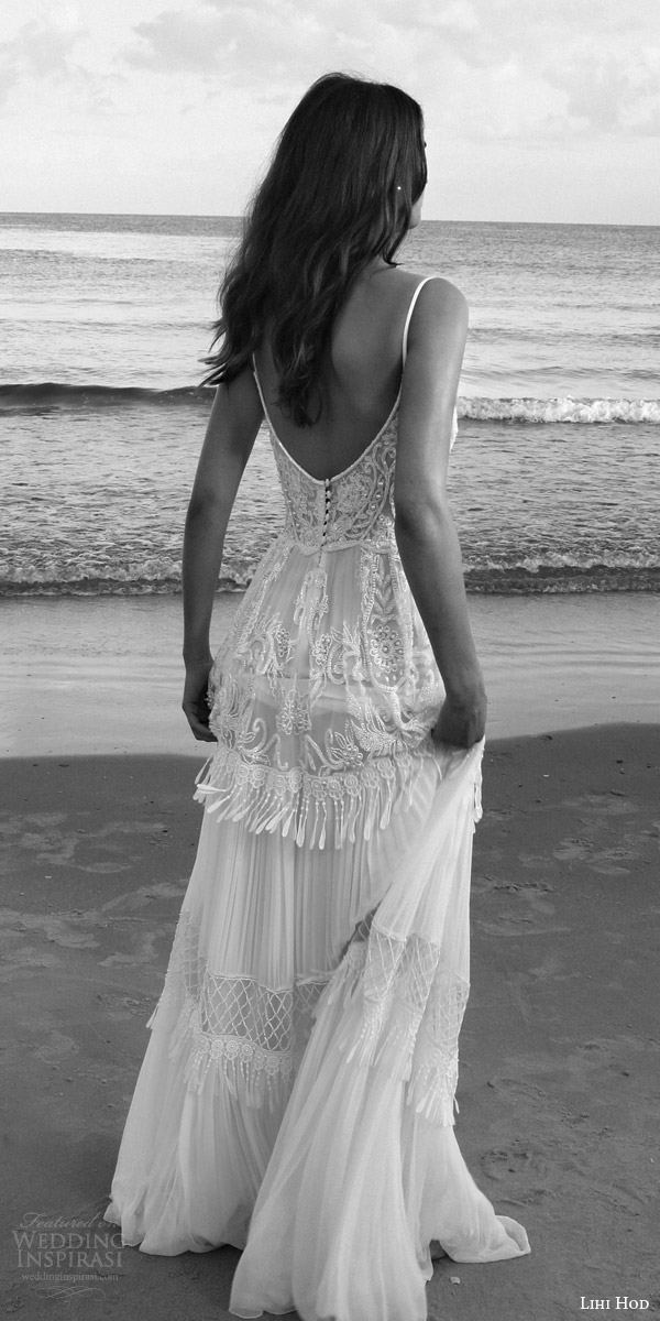 lihi hod bridal 2016 lilo sleeveless bohemian wedding dress straps embroidered bodice pleated skirt lattice bead fringe back view lihi hod bridal 2016 lilo sleeveless bohemian wedding dress straps embroidered bodice pleated skirt lattice bead fringe back view