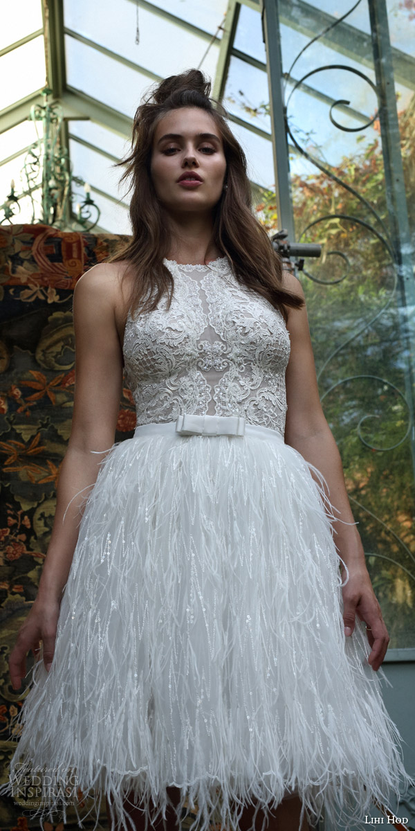 lihi hod bridal 2016 rio sleeveless halter neck lace bodice feather skirt short wedding dress lihi hod bridal 2016 rio sleeveless halter neck lace bodice feather skirt short wedding dress