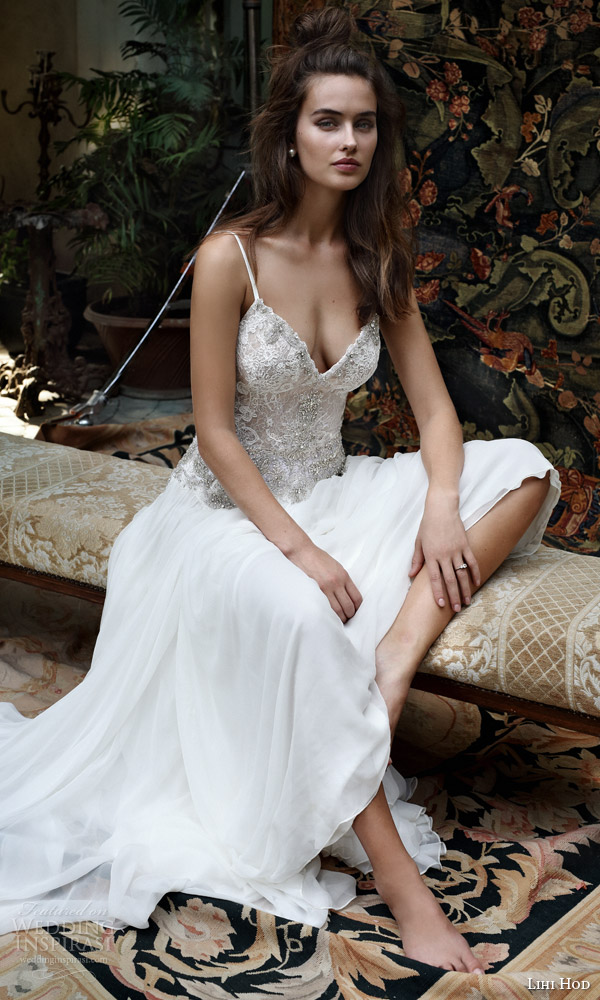 lihi hod bridal 2016 romantic tuscany wedding dress sleeveless embellished lace bodice spaghetti straps sit profile view lihi hod bridal 2016 romantic tuscany wedding dress sleeveless embellished lace bodice spaghetti straps sit profile view