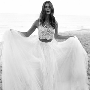 lihi hod bridal 2016 venus beach wedding dress romantic two piece embellished sleeveless crop top full tulle skirt