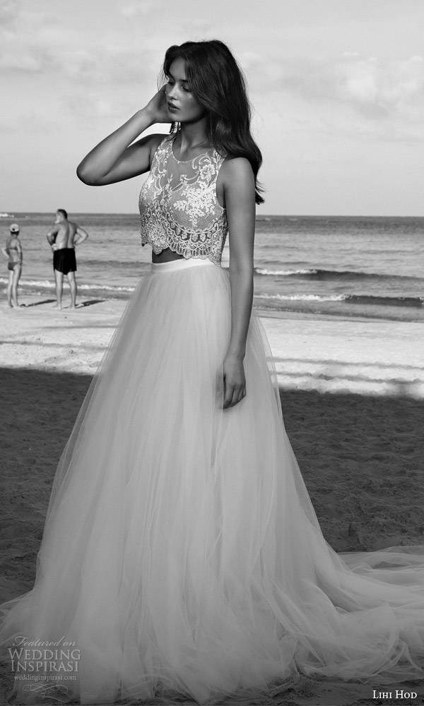 lihi hod bridal 2016 venus beach wedding dress romantic two piece embellished sleeveless crop top full tulle skirt profile view