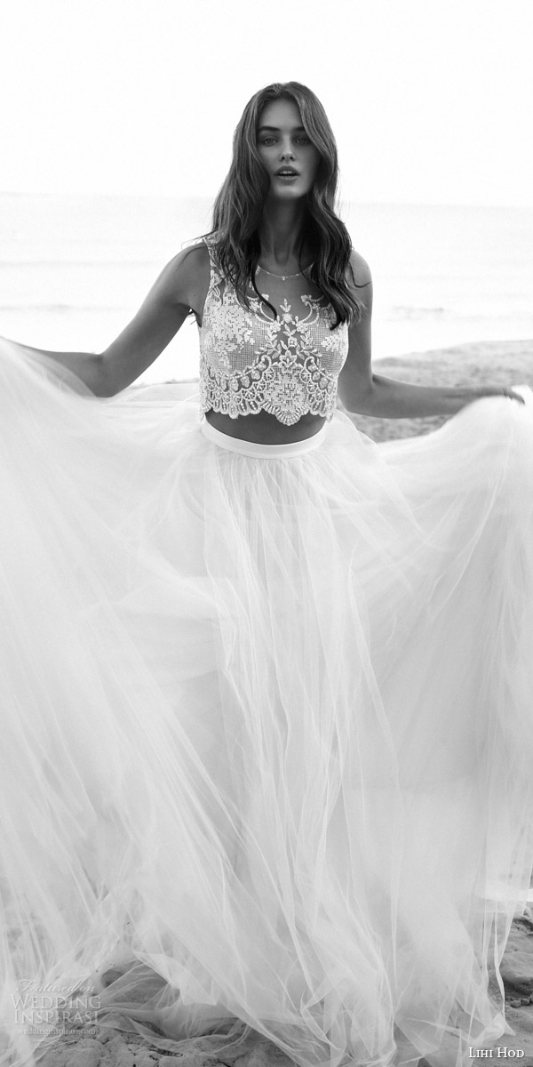 lihi hod bridal 2016 venus beach wedding dress romantic two piece embellished sleeveless crop top full tulle skirt zoom