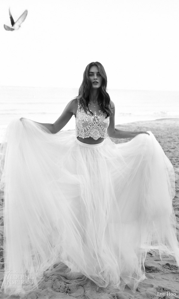 lihi hod bridal 2016 venus beach wedding dress romantic two piece embellished sleeveless crop top full tulle skirt