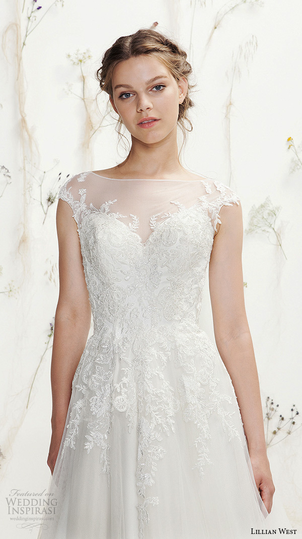 lillian west spring 2016 bridal bateau neckline cap sleeves sweetheart neckline cutout lace embroiderd tulle pretty a  line wedding dress style 6404 
