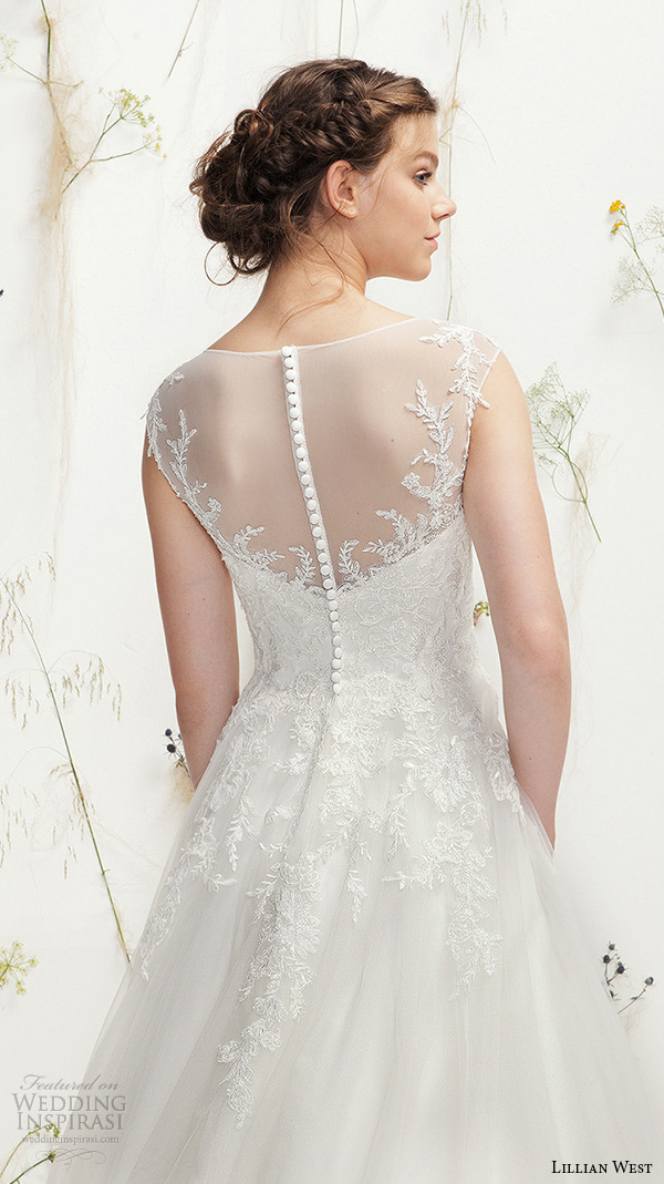 lillian west spring 2016 bridal bateau neckline cap sleeves sweetheart neckline cutout lace embroiderd tulle pretty a  line wedding dress style 6404   
