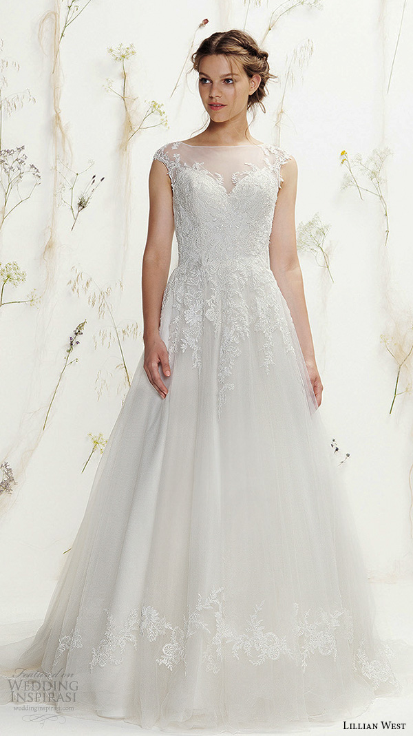 lillian west spring 2016 bridal bateau neckline cap sleeves sweetheart neckline cutout lace embroiderd tulle pretty a  line wedding dress style 6404