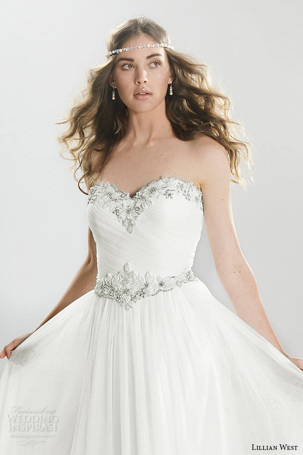 lillian west spring 2016 bridal beautiful strapless sweetheart neckline jeweled sweetheart neckline trim modified a  line wedding dress style 6411 