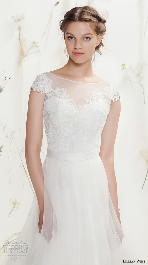 lillian west spring 2016 bridal cap sleeves bateau illusion neckline sweetheart cutout pretty tulle a  line ball gown wedding dress style 6375 