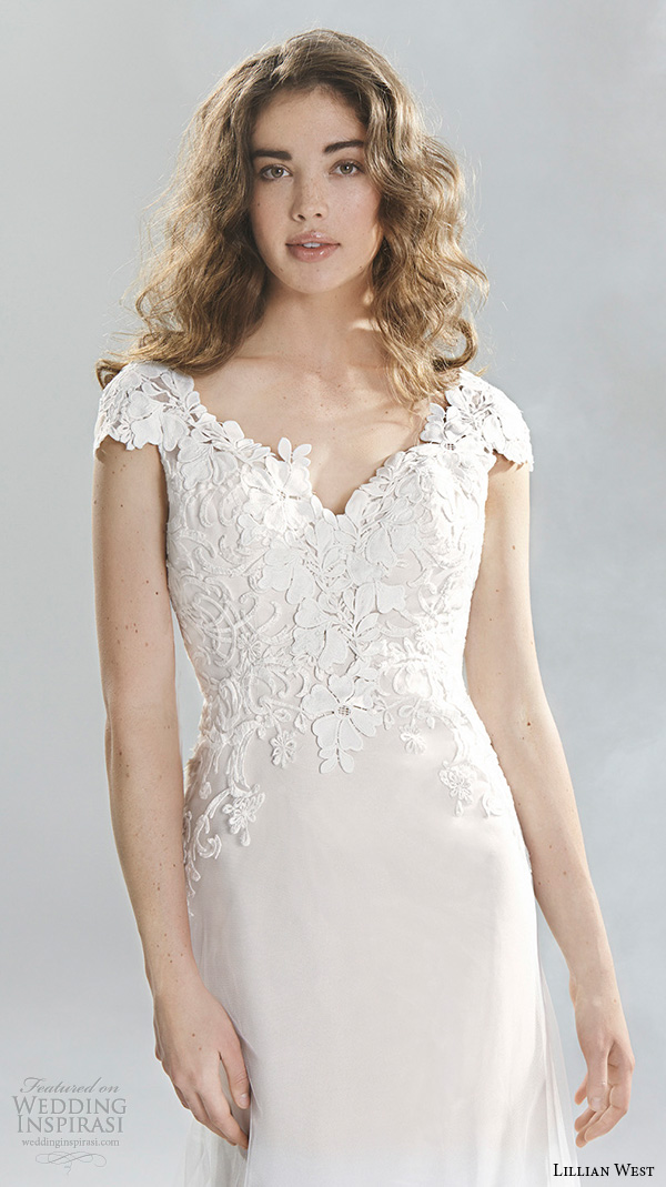 lillian west spring 2016 bridal cap sleeves sweetheart neckline lace embroidery bodice pretty sheath wedding dress style 6390 