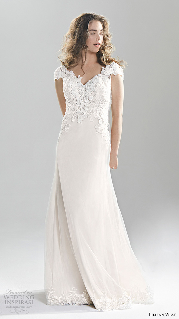 lillian west spring 2016 bridal cap sleeves sweetheart neckline lace embroidery bodice pretty sheath wedding dress style 6390