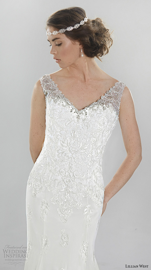 lillian west spring 2016 bridal elegant sheath wedding dress lace strap lace embroiderey bodice v neckline style 6410 