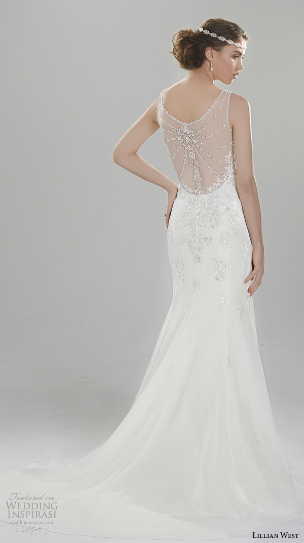 lillian west spring 2016 bridal elegant sheath wedding dress lace strap lace embroiderey bodice v neckline style 6410  