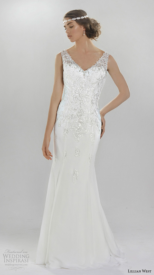 lillian west spring 2016 bridal elegant sheath wedding dress lace strap lace embroiderey bodice v neckline style 6410