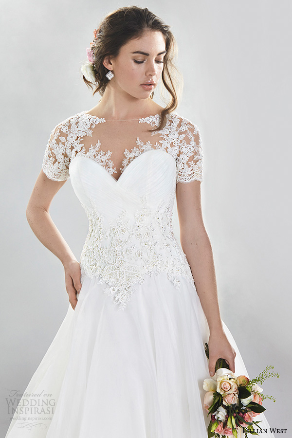 lillian west spring 2016 bridal gorgeous a  line wedding dress lace illusion short sleeves sweetheart neckline style 6402 