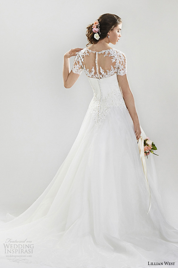 lillian west spring 2016 bridal gorgeous a  line wedding dress lace illusion short sleeves sweetheart neckline style 6402  
