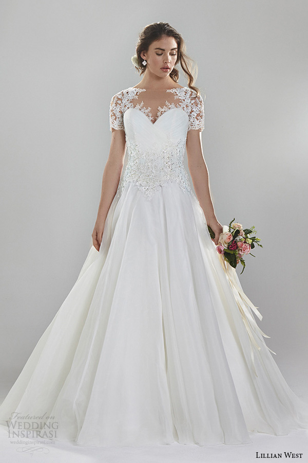 lillian west spring 2016 bridal gorgeous a  line wedding dress lace illusion short sleeves sweetheart neckline style 6402