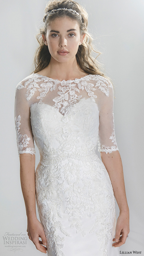 lillian west spring 2016 bridal half sleeves sheer jewel neckline sweetheart lace emboridery fit to flare beautiful mermaid wedding dress style 6396 