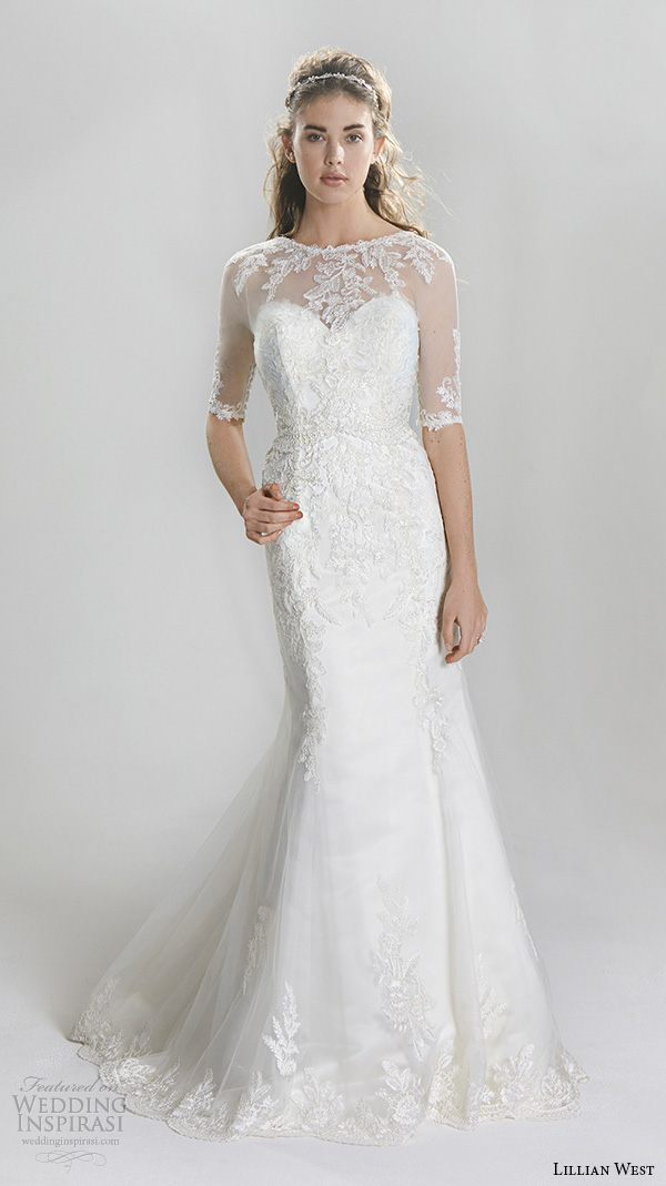lillian west spring 2016 bridal half sleeves sheer jewel neckline sweetheart lace emboridery fit to flare beautiful mermaid wedding dress style 6396 lillian west spring 2016 bridal half sleeves sheer jewel neckline sweetheart lace emboridery fit to flare beautiful mermaid wedding dress style 6396