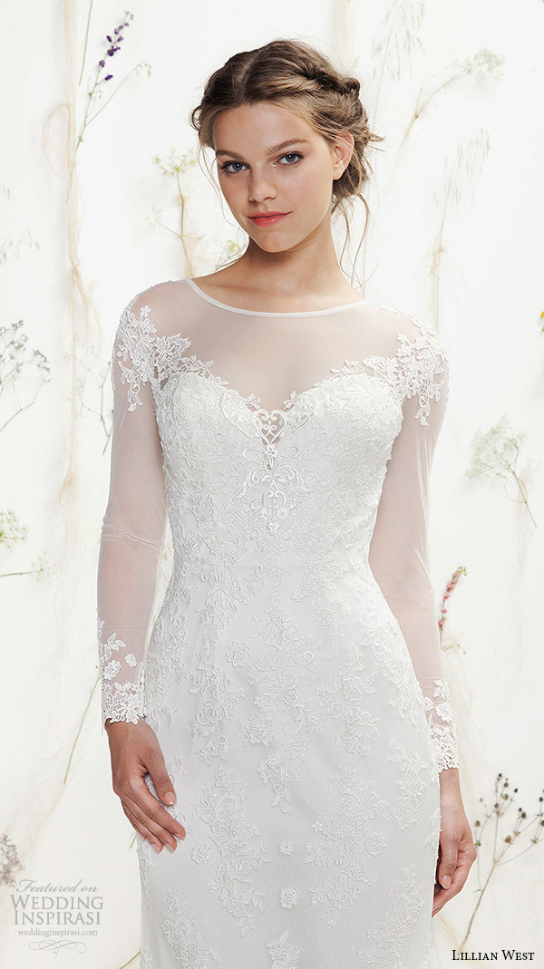 lillian west spring 2016 bridal long illusion lace sleeves jewel neckline sweetheart cutout fit to flare wedding dress style 6378 