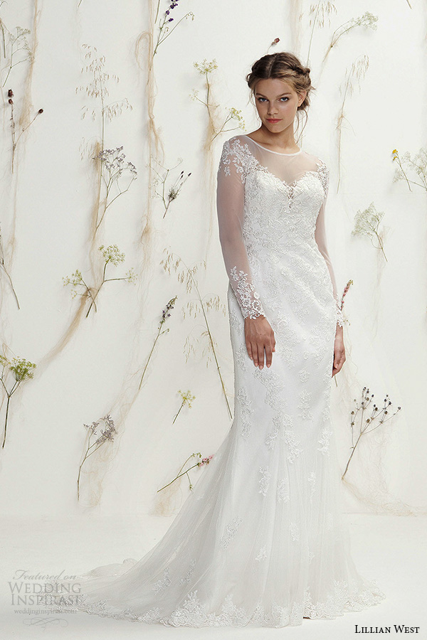 lillian west spring 2016 bridal long illusion lace sleeves jewel neckline sweetheart cutout fit to flare wedding dress style 6378 lillian west spring 2016 bridal long illusion lace sleeves jewel neckline sweetheart cutout fit to flare wedding dress style 6378