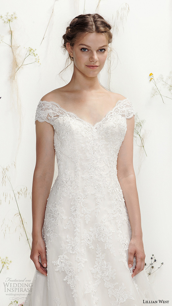 lillian west spring 2016 bridal off the shoulder v neckline lace embroidery beautiful a  line wedding dress style 6408 
