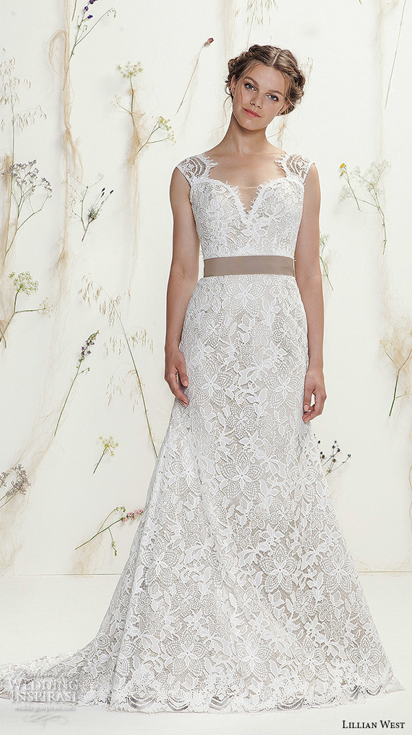 lillian west spring 2016 bridal sleeveless lace straps deep sweetheart neckline lace embroidery througout beautiful a  line wedding dress style  6418