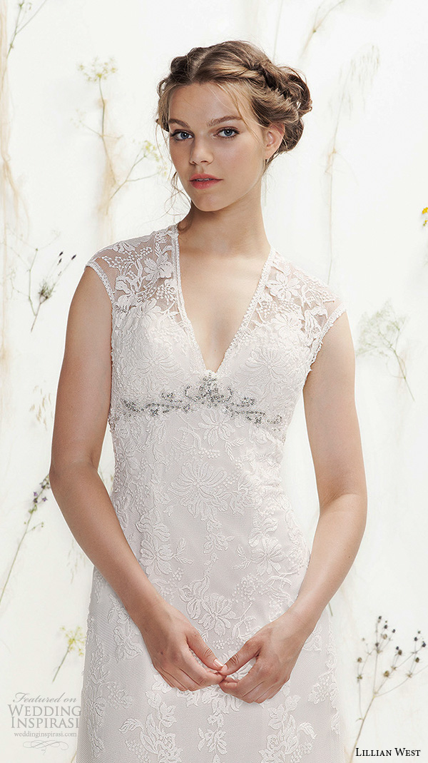 lillian west spring 2016 bridal sleeveless v neckline lace embroidered beautiful sheath wedding dress style 6392 