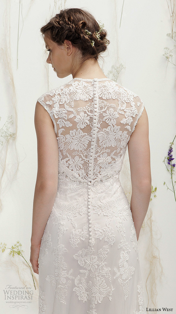 lillian west spring 2016 bridal sleeveless v neckline lace embroidered beautiful sheath wedding dress style 6392  lace back 