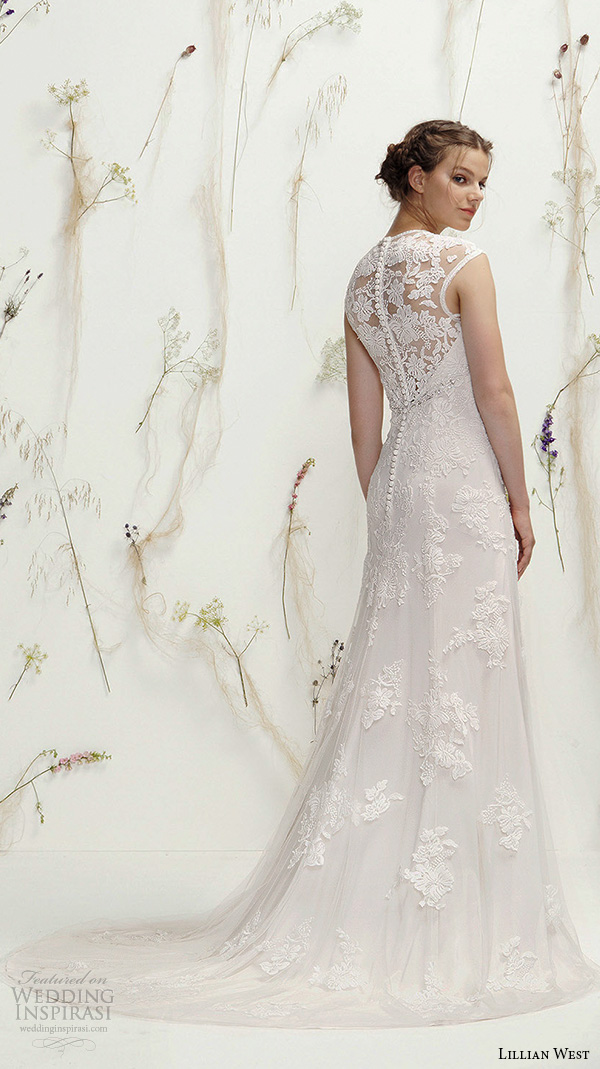 lillian west spring 2016 bridal sleeveless v neckline lace embroidered beautiful sheath wedding dress style 6392  lace back