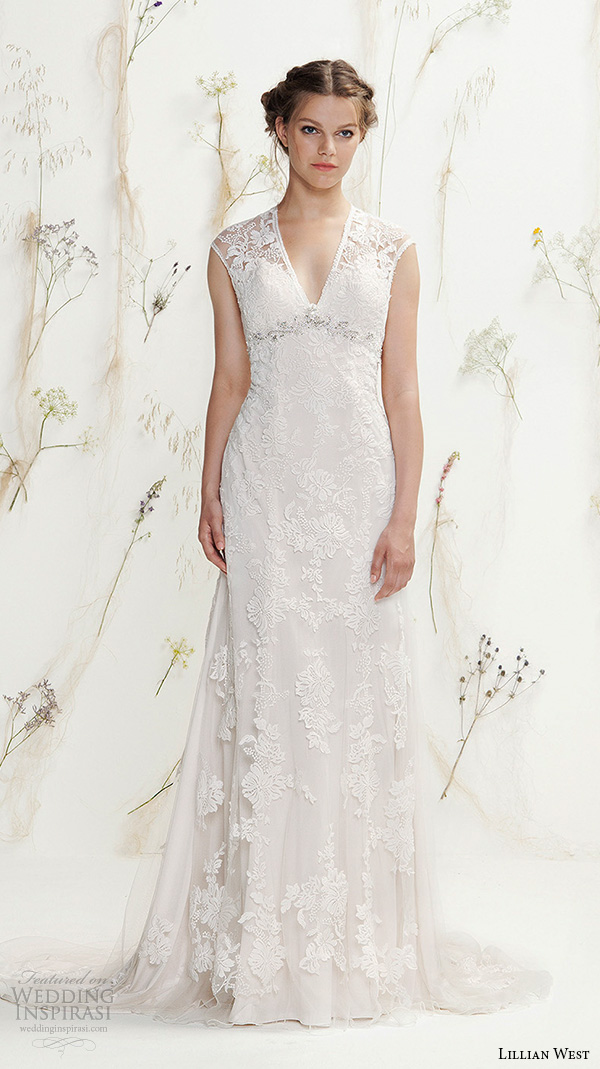 lillian west spring 2016 bridal sleeveless v neckline lace embroidered beautiful sheath wedding dress style 6392