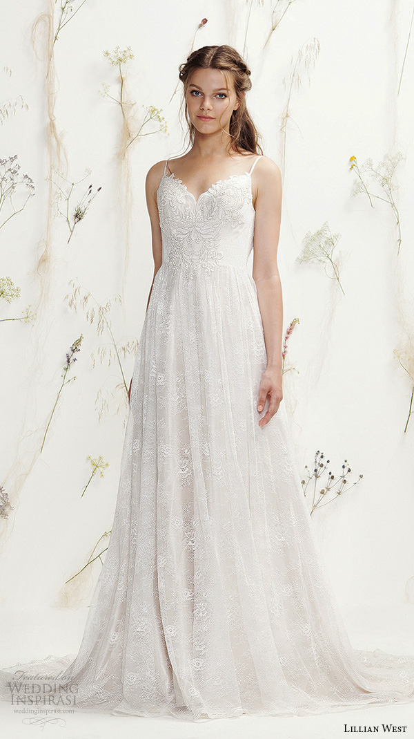 lillian west spring 2016 bridal spagetti strap sweetheart neckline lace embroidery pretty a  line wedding dress style 6395