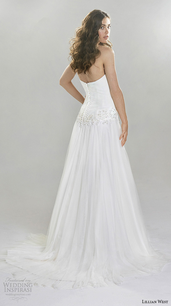 lillian west spring 2016 bridal strapless straight across neckline drop waist modified a  line wedding dress style 6397  