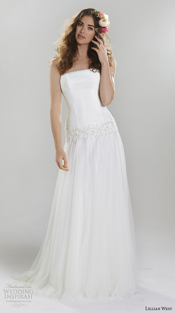 lillian west spring 2016 bridal strapless straight across neckline drop waist modified a  line wedding dress style 6397